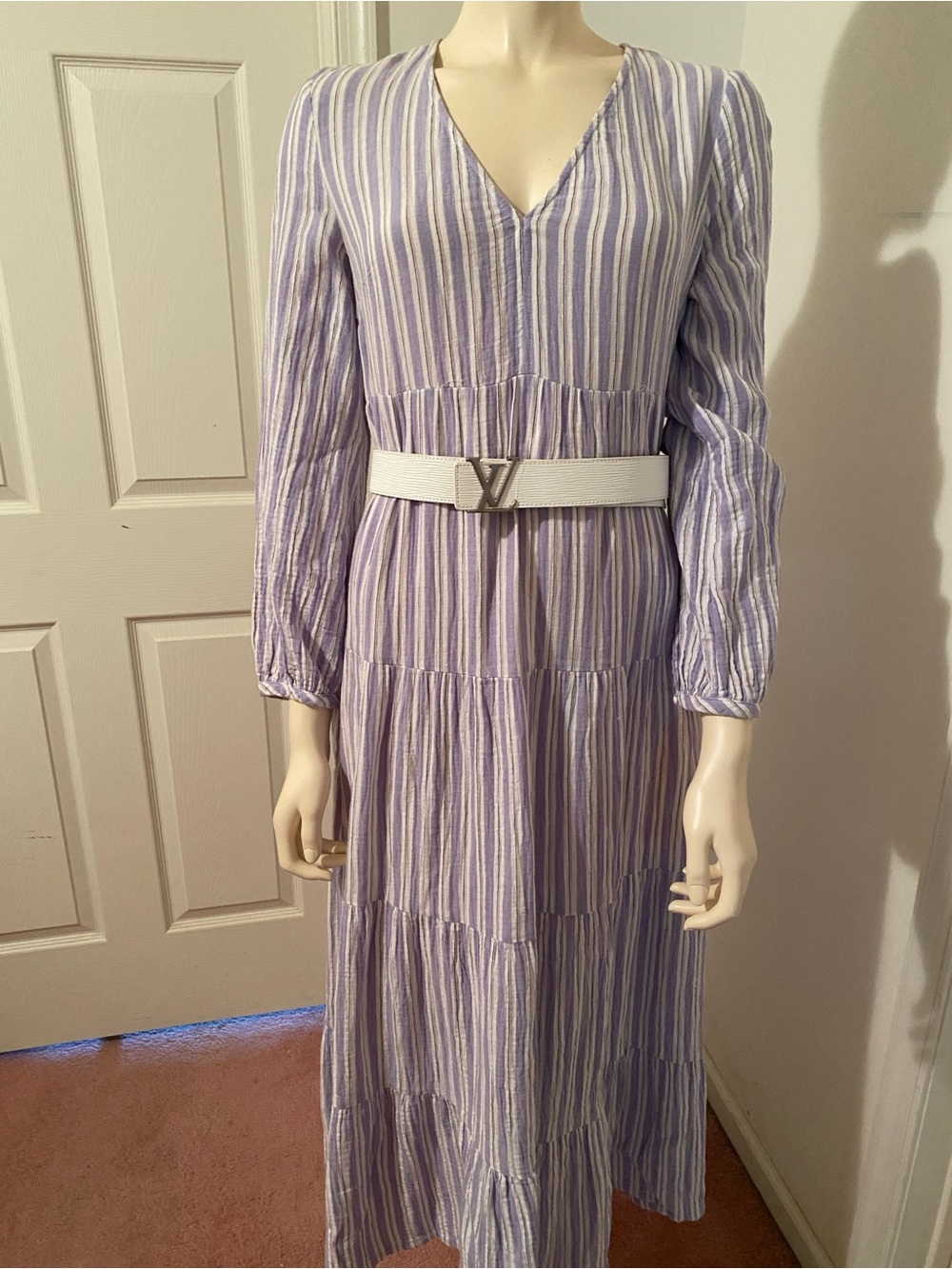 Universal Thread Lavender and White Striped V-Neck Tiered Maxi Dress